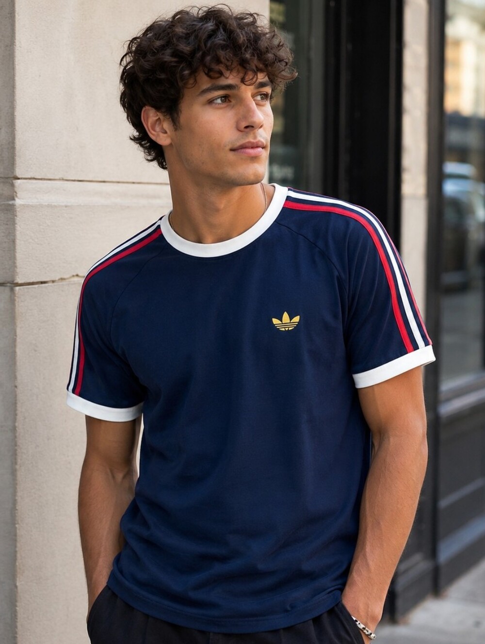 Adidas Originals Trefoil Stripe Ringer Tee – Navy | Medium